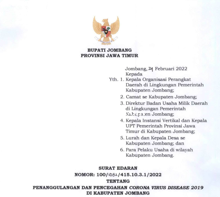 Surat Edaran Bupati Jombang PPKM Lev.3
